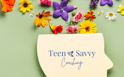 silhouette of a head with flowers coming out of the top of the scalp. Teen Savvy Logo on the silhouette
