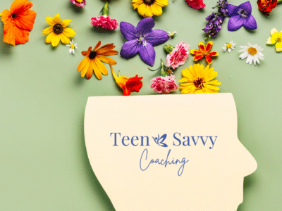 silhouette of a head with flowers coming out of the top of the scalp. Teen Savvy Logo on the silhouette