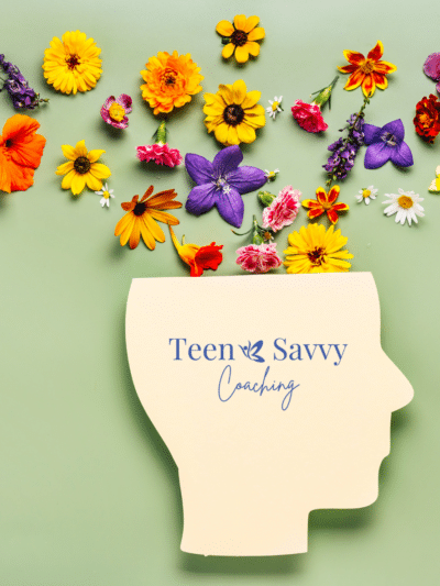 silhouette of a head with flowers coming out of the top of the scalp. Teen Savvy Logo on the silhouette