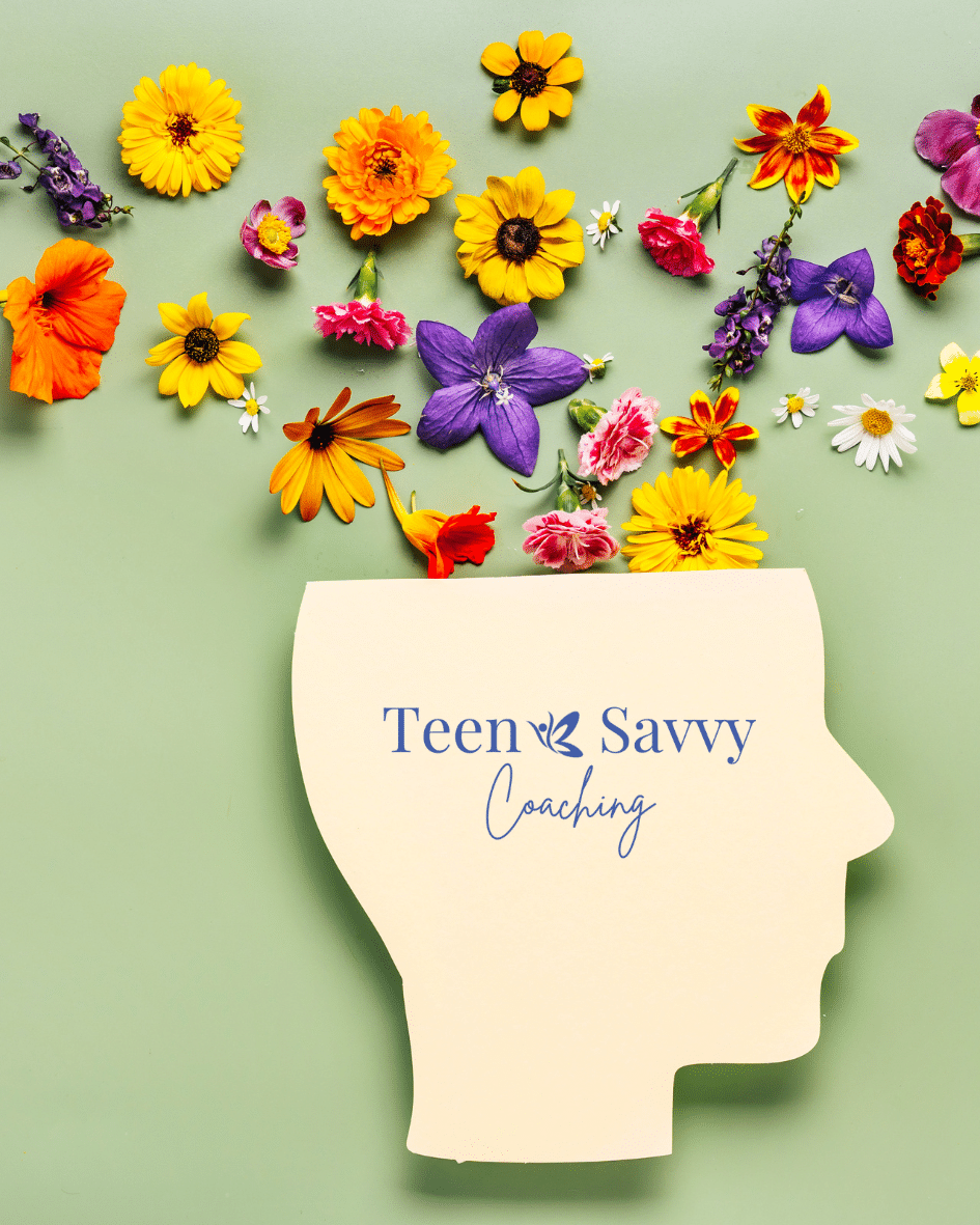 silhouette of a head with flowers coming out of the top of the scalp. Teen Savvy Logo on the silhouette