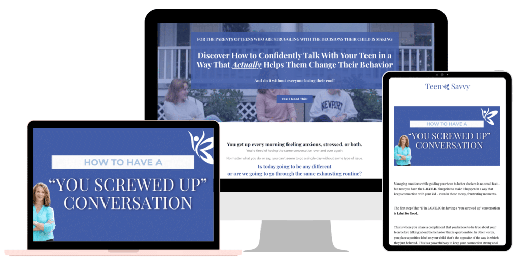 Computer, laptop, and tablet screens with screen shots of the "How to Have a 'You Screwed Up' Conversation with Your Teen" guide